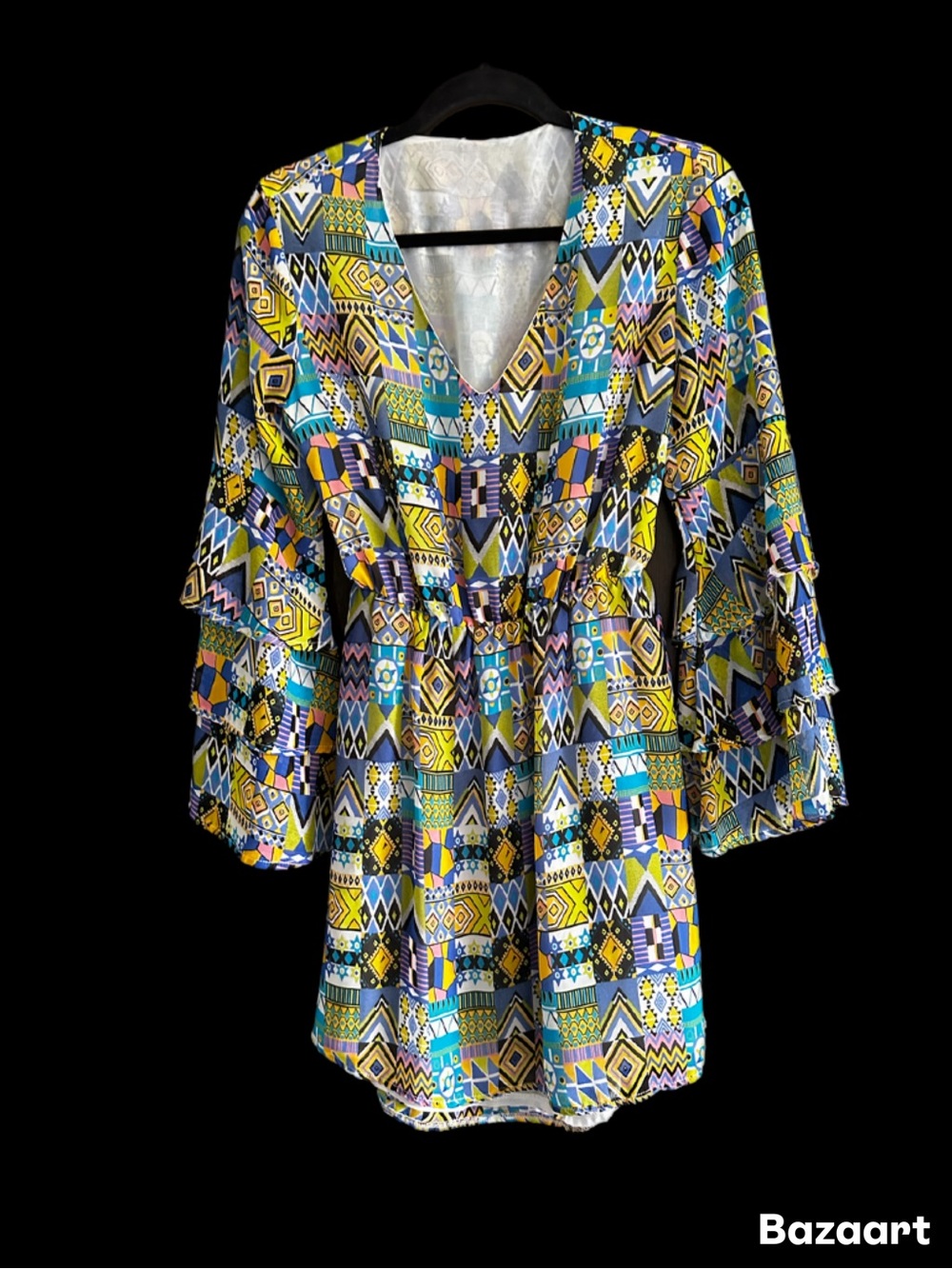 Boho Geometric Print V-Neck Women's Top in Multicolor